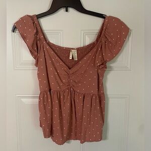 Japna Women's Mauve Viscose V-Neck Polka Dot Ruffle Cap Sleeve Peplum Top Size M